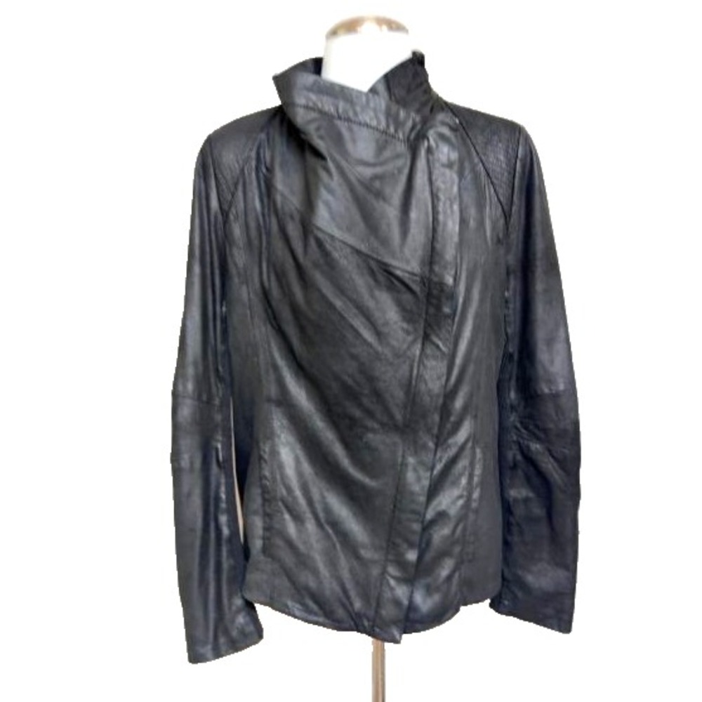 Elie Tahari Sz L Lamb Leather Hi Neck Zip Black Jacket Edgy, Urban Sweater Panel